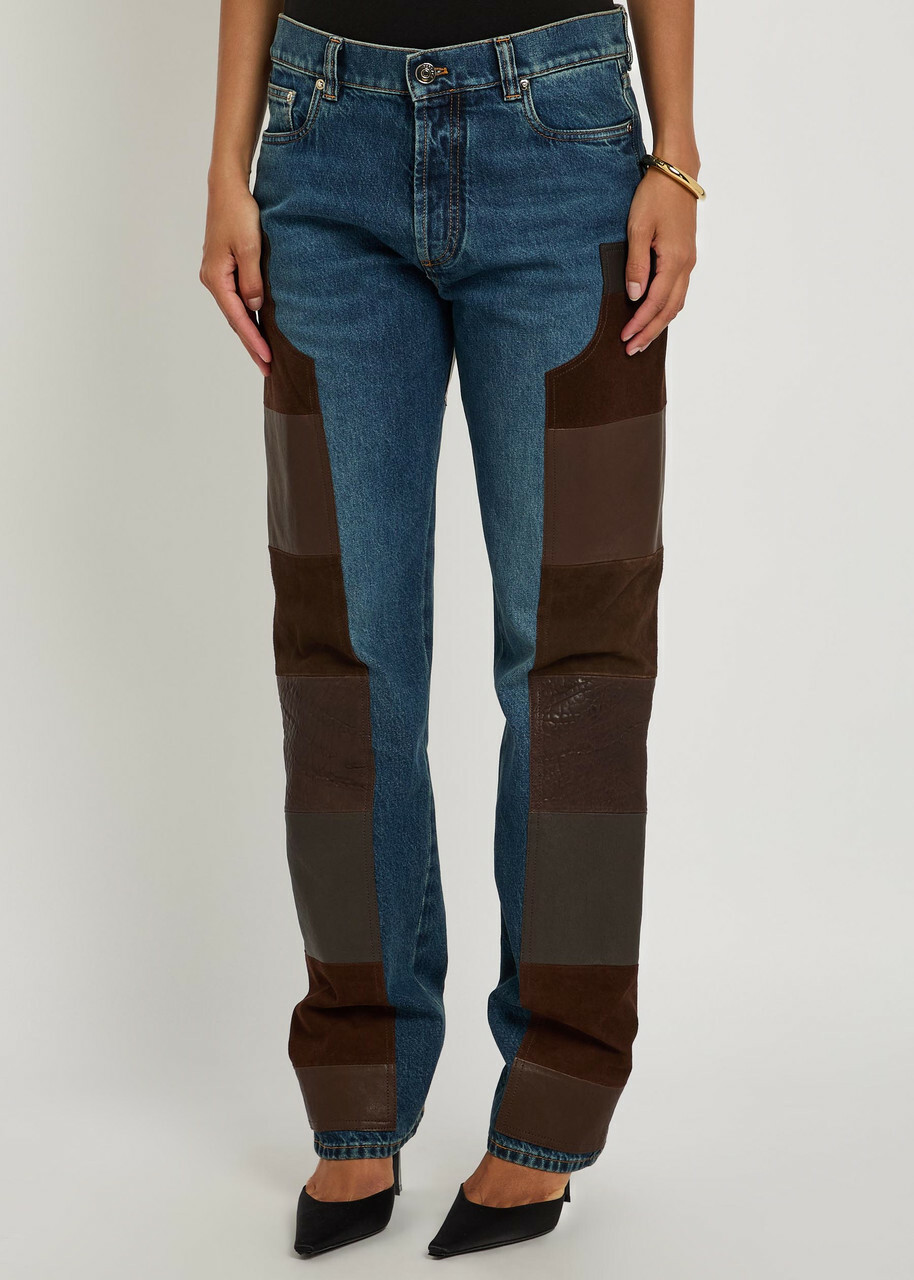 Versace Leather and Suede Patchwork Straight-leg Jeans Blue