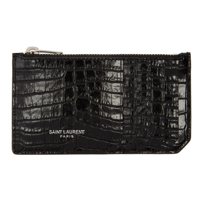 Saint Laurent Fragment Zipped Card Case In Crocodile Embossed Shiny Leather