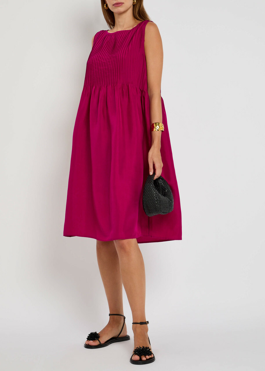 Eileen Fisher Pintucked Silk Midi Dress Fuchsia