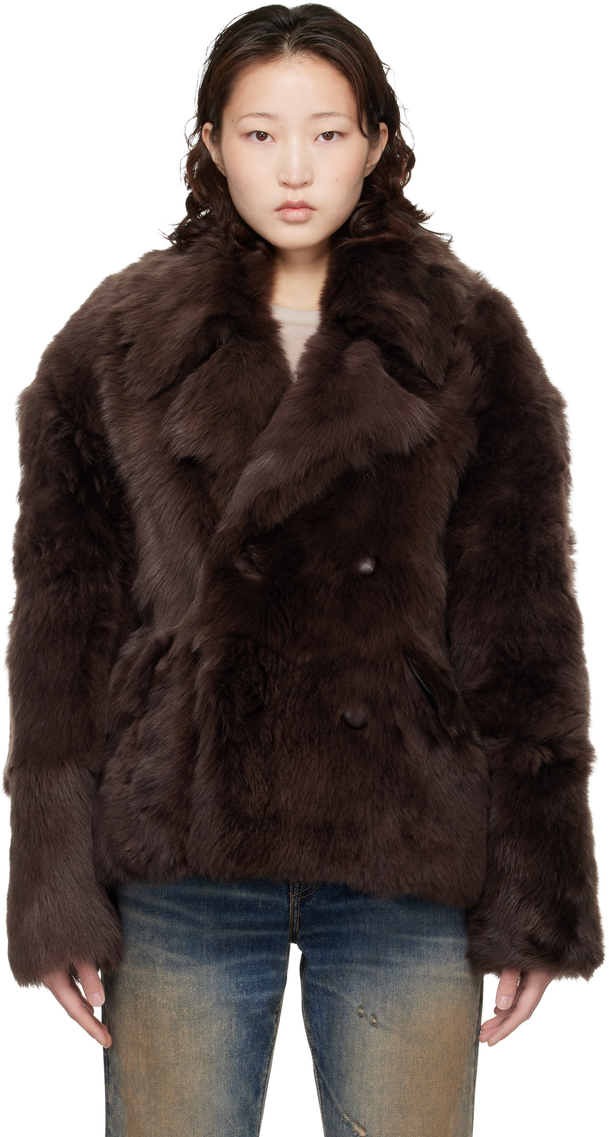 Marine Serre Brown Hairy Caban Shearling Coat