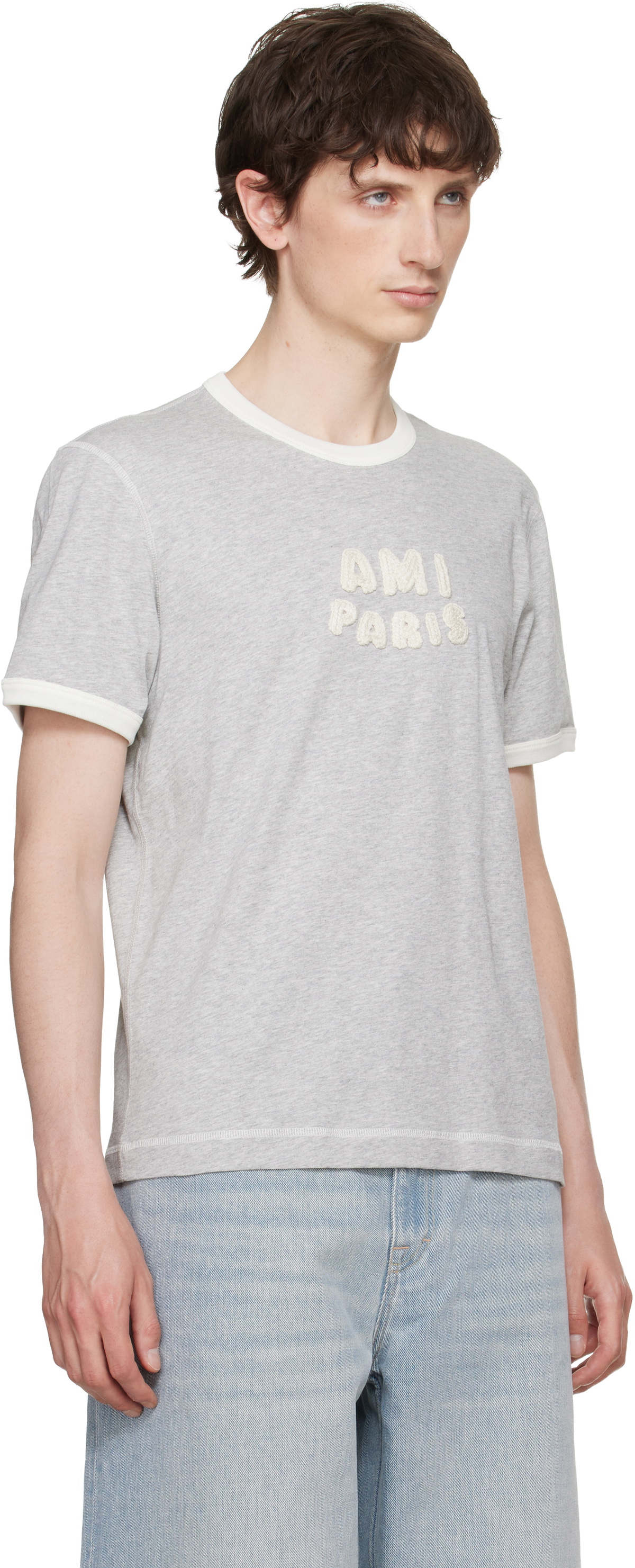 AMI Paris Gray Cotton 'Ami Paris' Knitted Patch T-shirt