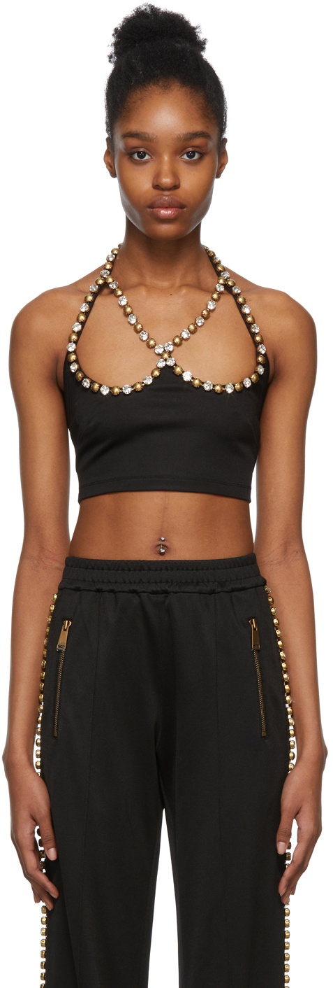 AREA Black Crystal Trim Heart Tank Top AREA