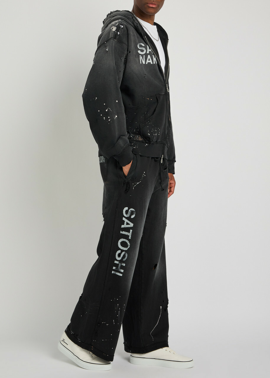 Satoshi Nakamoto Luke Printed Distressed Wide-leg Cotton Sweatpants Black