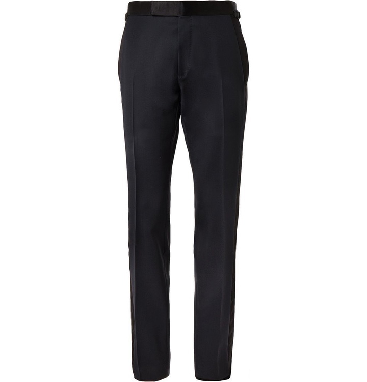 Photo: TOM FORD - Midnight-Blue Shelton Slim-Fit Satin-Trimmed Grain de Poudre Tuxedo Trousers - Midnight blue