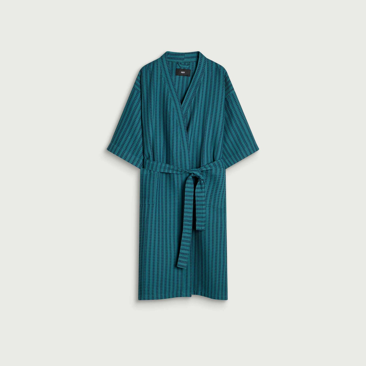 HAY Waffle Bathrobe in Stripe Petrol Blue
