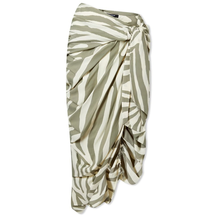 Photo: Balmain Women's Zebra Printed Knotted Pareo Skirt in Beige/Light Khaki