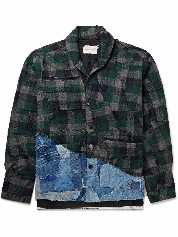 Photo: Greg Lauren - Patchwork Checked Cotton-Flannel and Distressed Denim Overshirt - Green