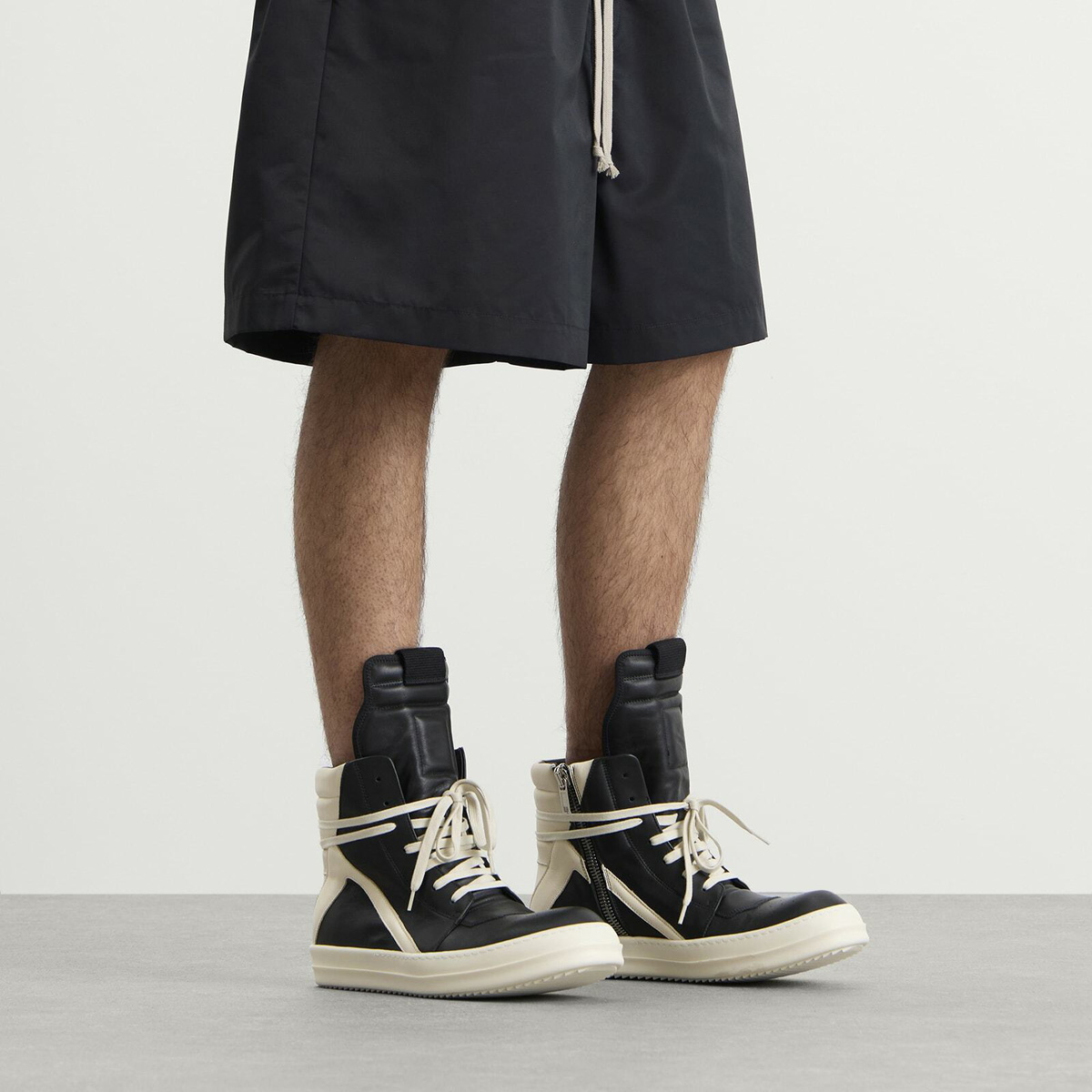 Rick Owens Men's Leather Geobasket Sneakers in Black/Milk/Milk