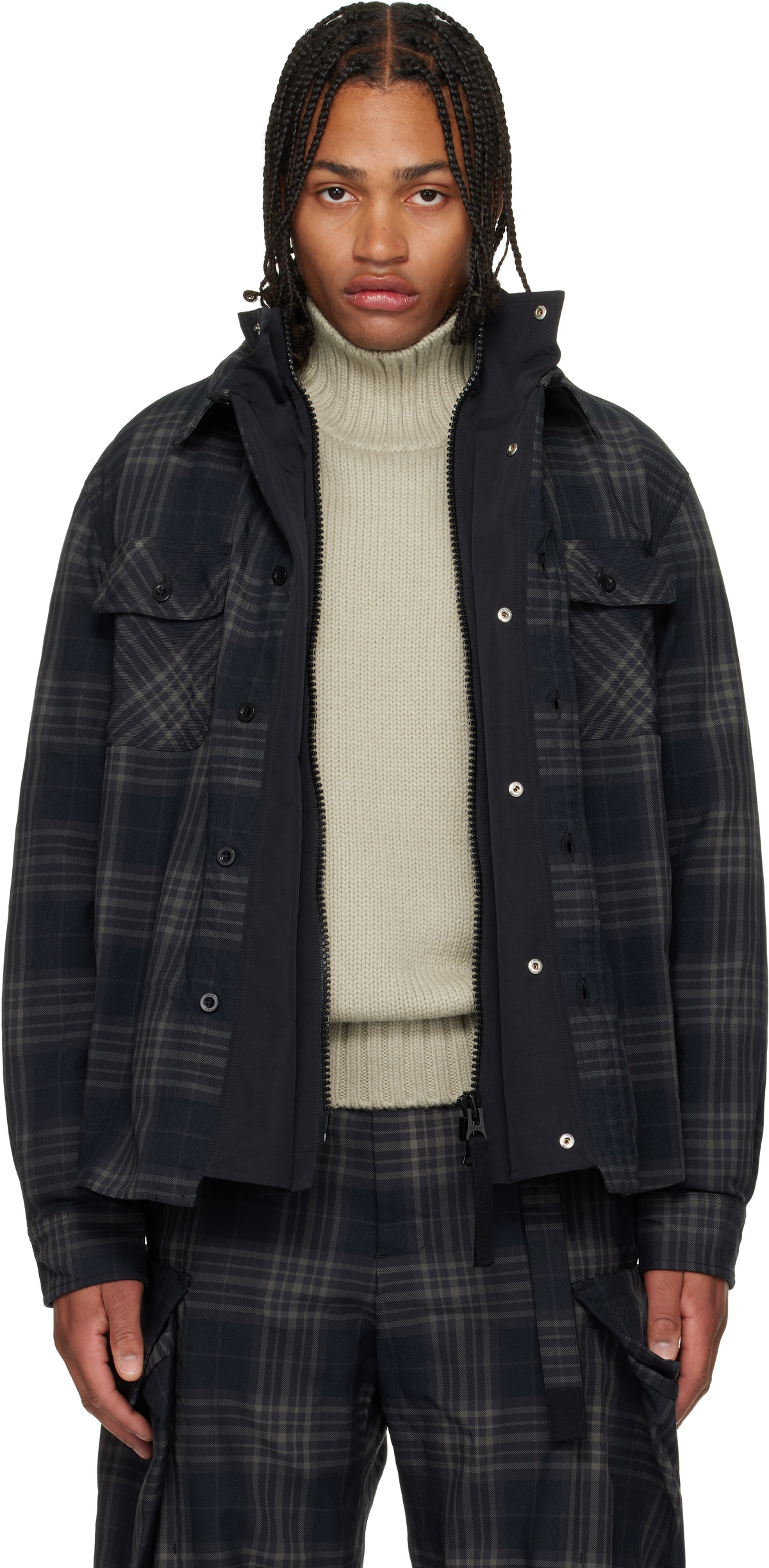 sacai PULL OVER SHIRTS ヘリンボーン チェック ナイロン sacai Black Plaid Shirt Sacai