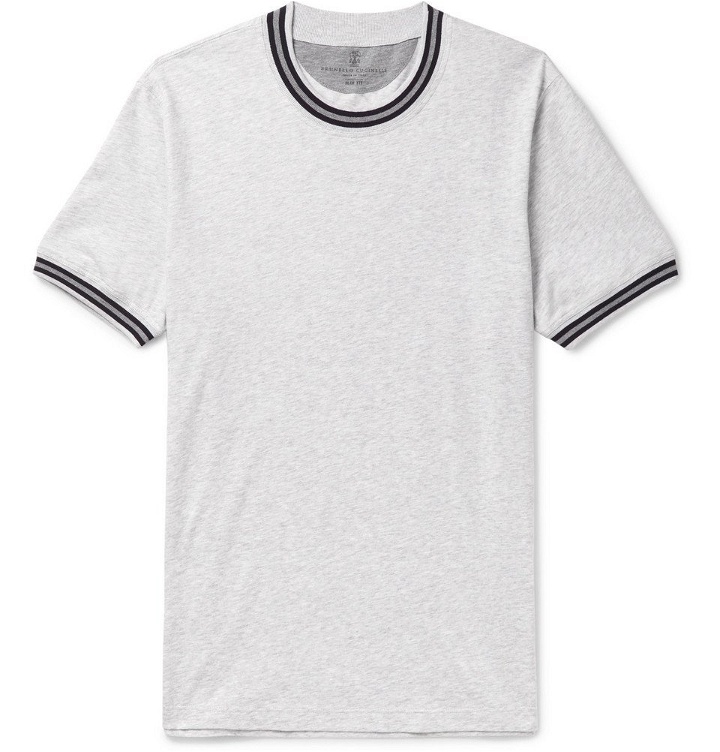 Photo: Brunello Cucinelli - Slim-Fit Stripe-Trimmed Mélange Cotton-Jersey T-Shirt - Men - Light gray