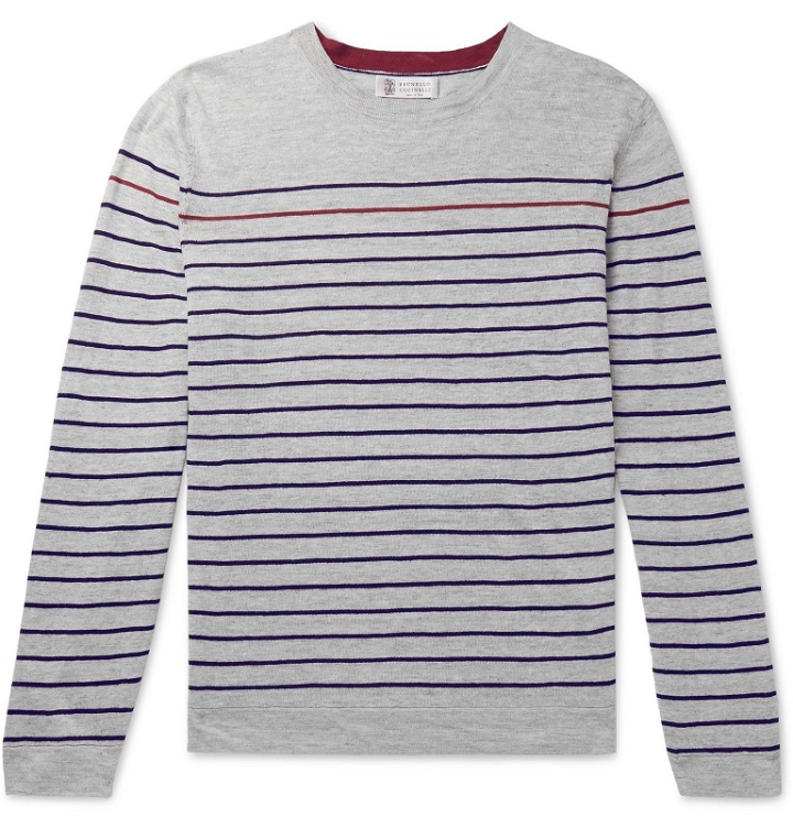 Photo: Brunello Cucinelli - Striped Mélange Linen and Cotton-Blend Sweater - Gray