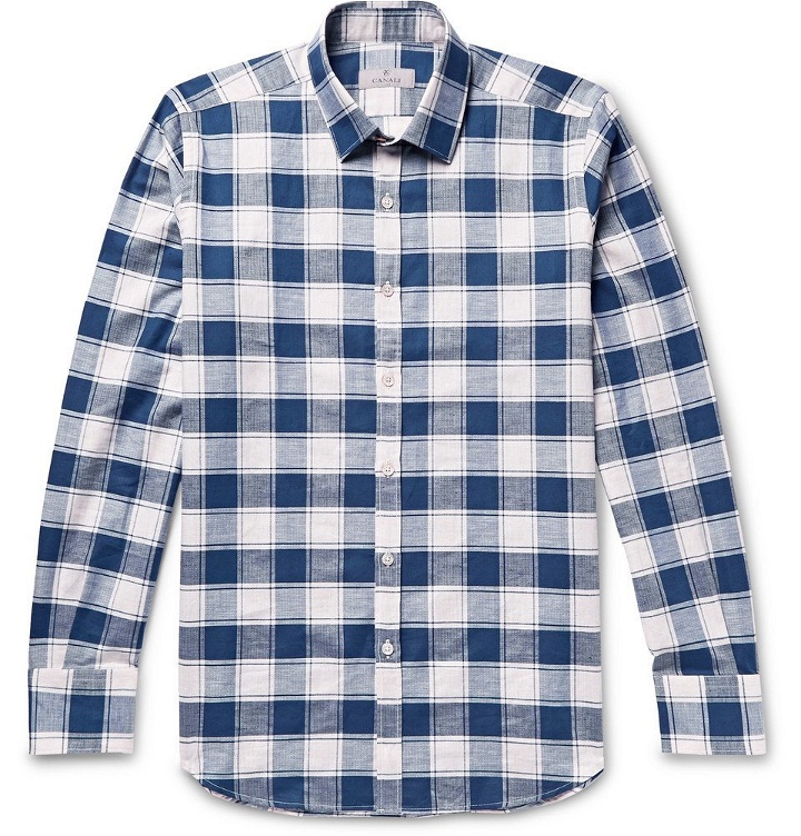 Photo: Canali - Checked Cotton and Linen-Blend Shirt - Men - Navy