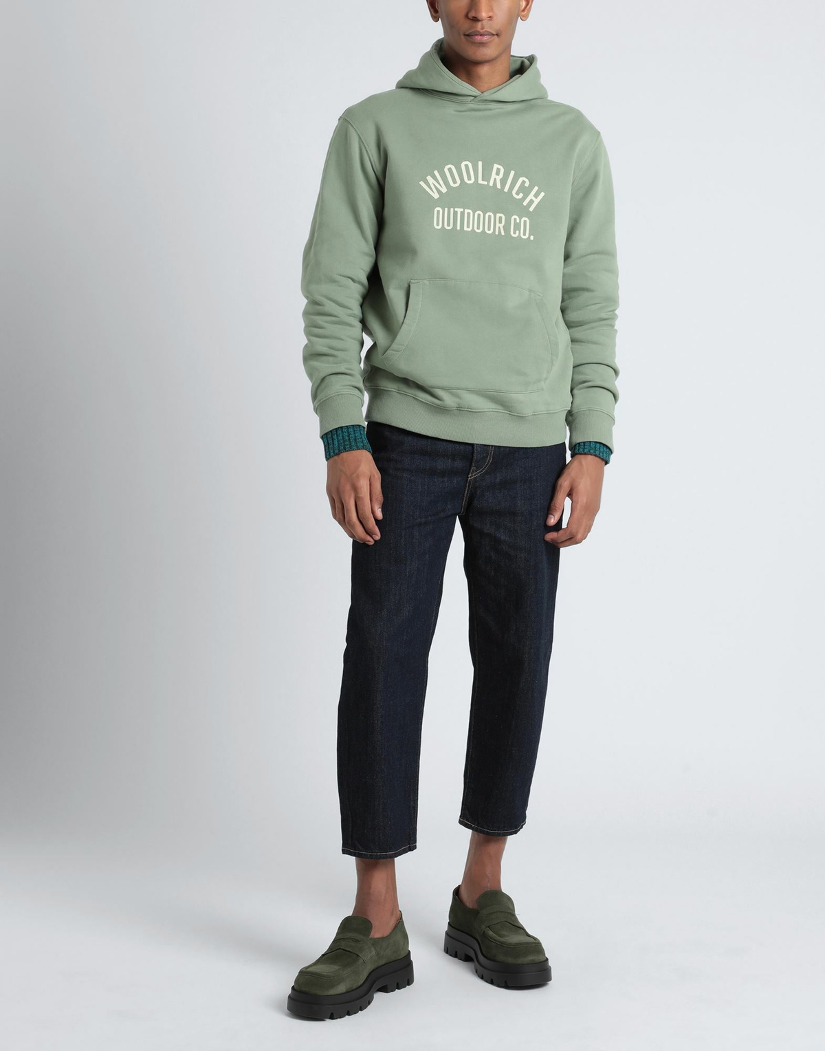 Woolrich Organic Cotton Script Hoodie Mens Sweatshirt in Sage green