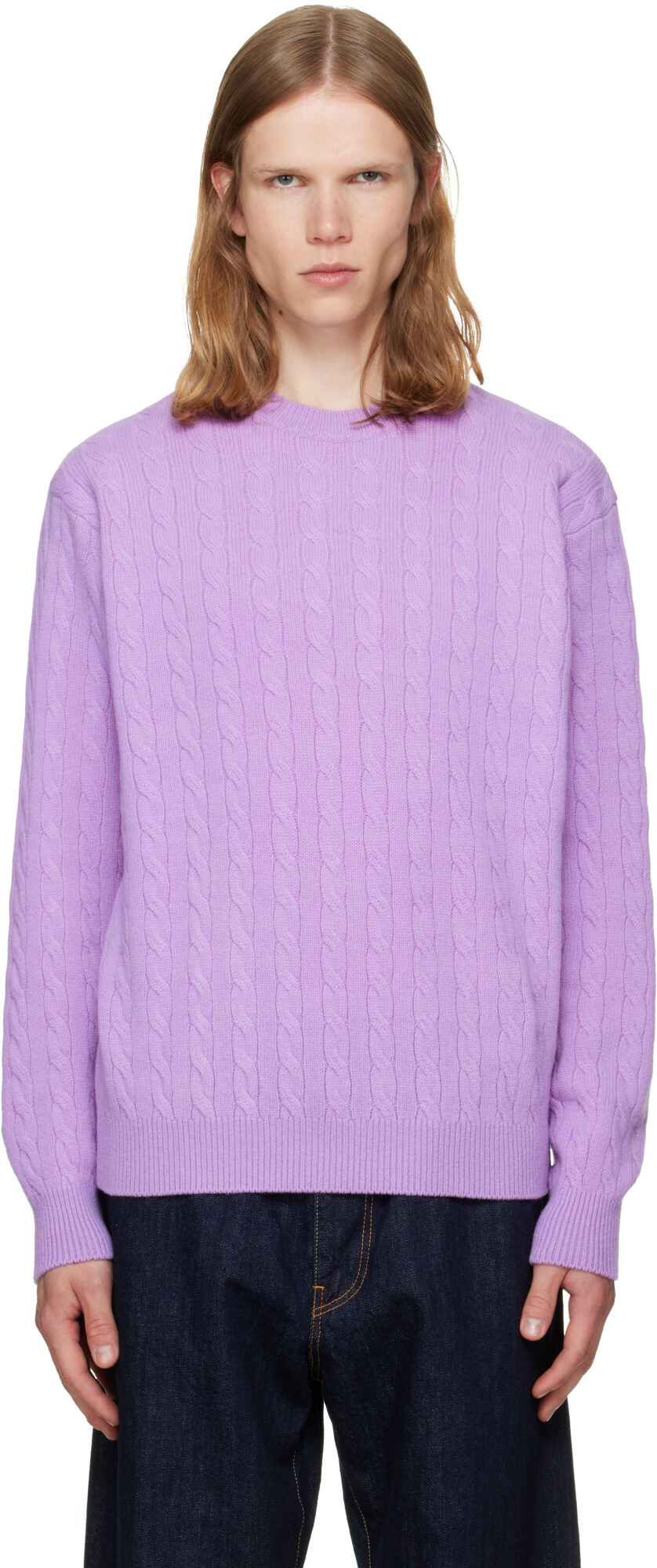 vowels Purple Cable Knit Crewneck Sweater