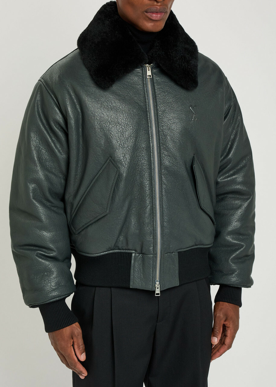 Ami Paris Padded Leather Jacket Anthracite