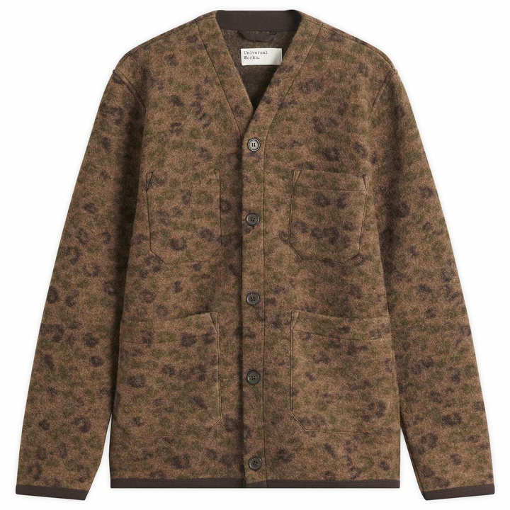 Photo: Universal Works Men's Leopard Wool Fleece Cardigan in Brown Camo