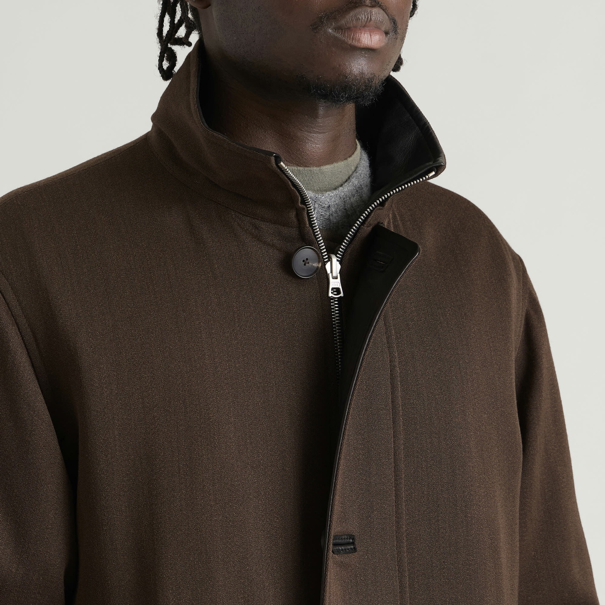 Auralee Men's Reversible Wool Leather Coat in Brown Chambray × Black