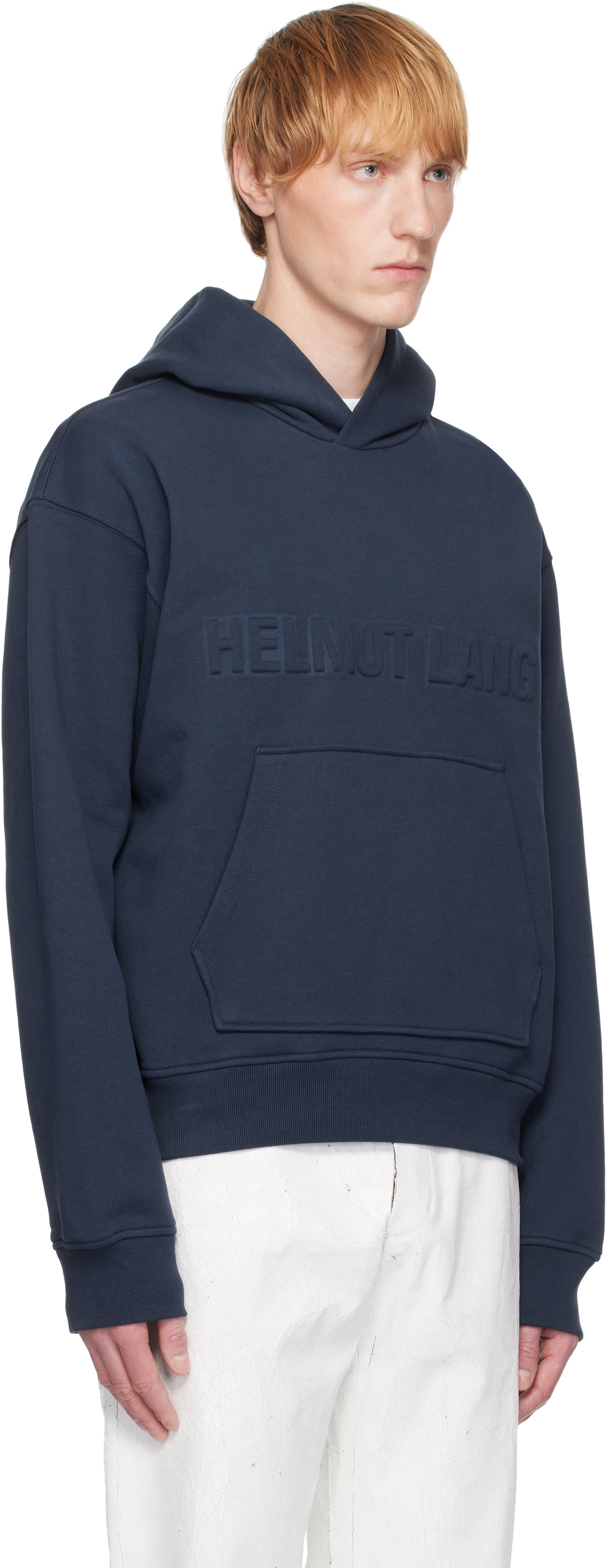 Helmut Lang Navy Embossed Logo Hoodie