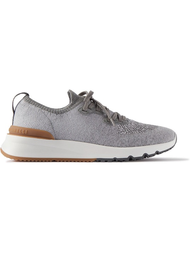 Photo: Brunello Cucinelli - Suede-Trimmed Stretch-Knit Sneakers - Gray