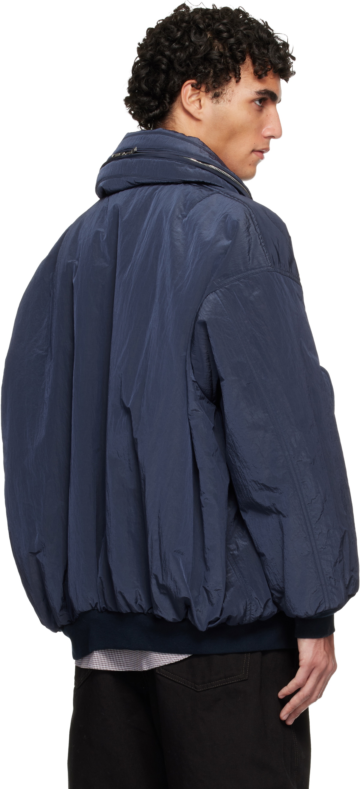 Hed Mayner Navy Crinkled Bomber Jacket