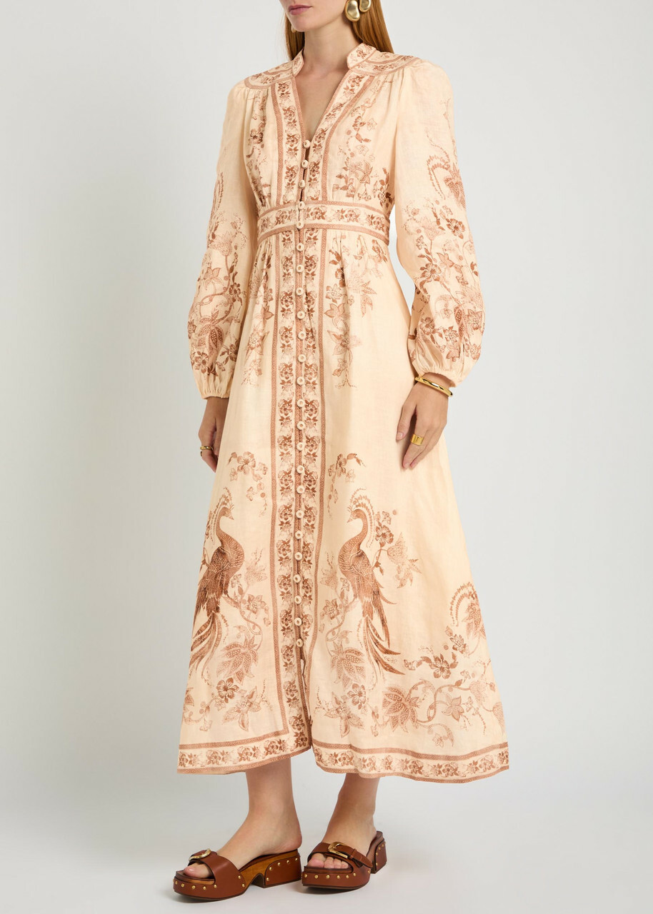 Zimmermann Indra Printed Plunge Linen Midi Dress Cream