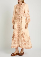 Zimmermann Indra Printed Plunge Linen Midi Dress Cream