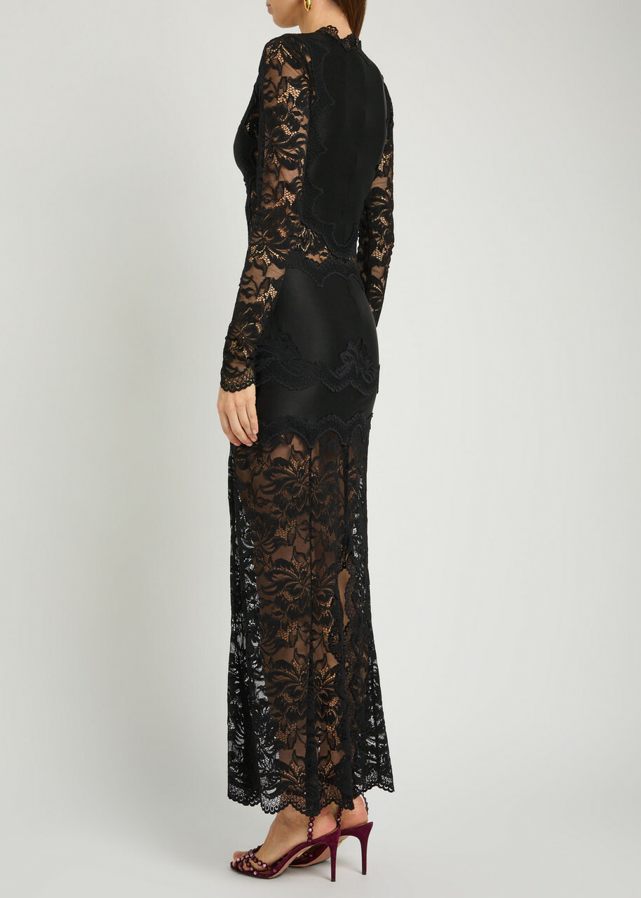 Rabanne V-neck Lace and Jersey Maxi Dress Black