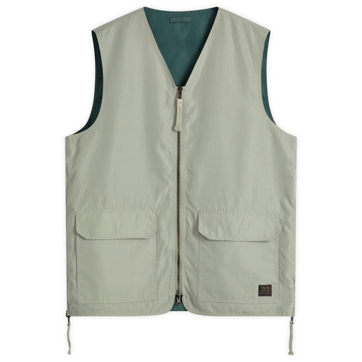 Photo: Taion Men's Military Reversible V-Neck Vest in Dark Sage Green