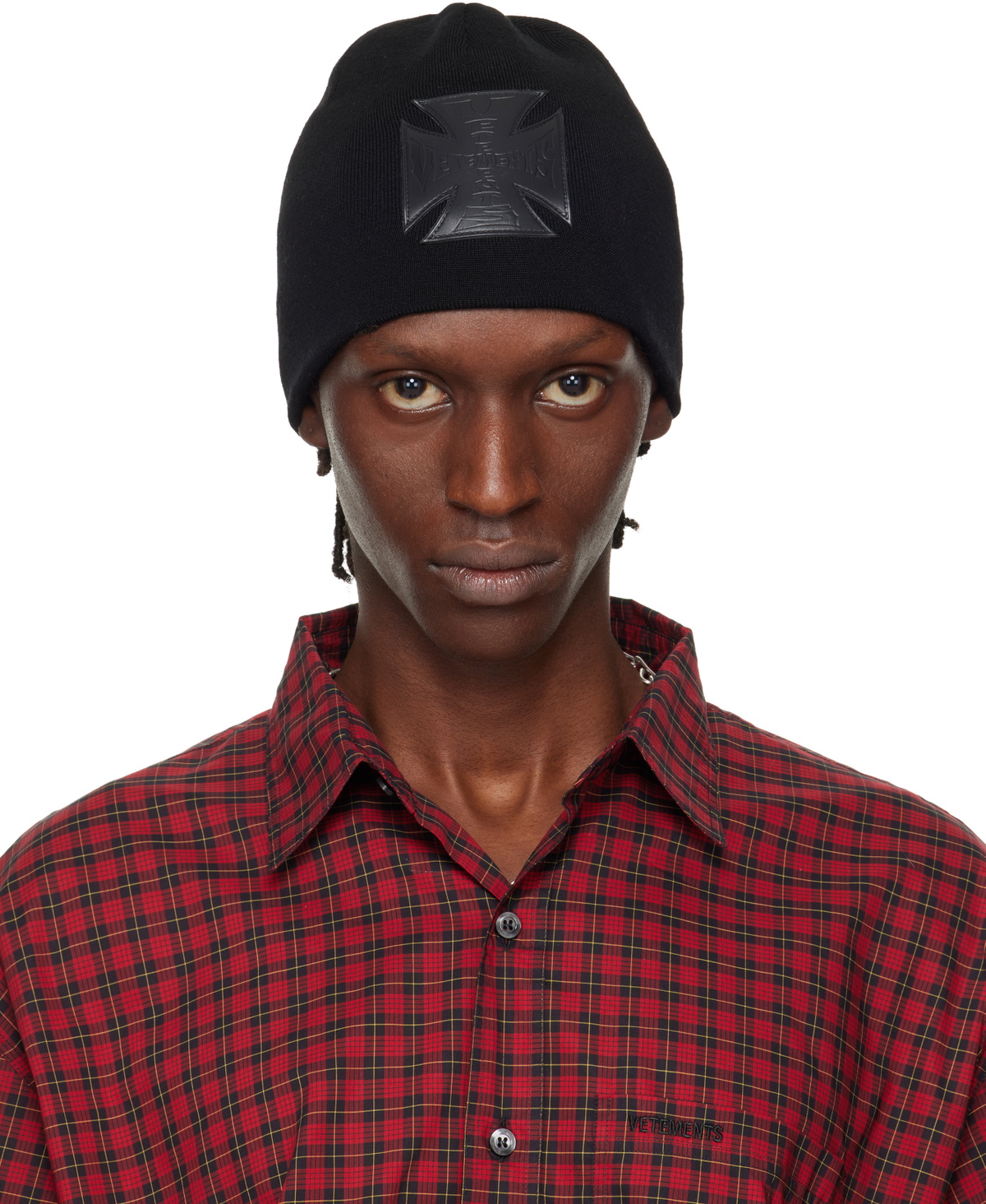 VETEMENTS Black Leather Biker Cross Logo Beanie