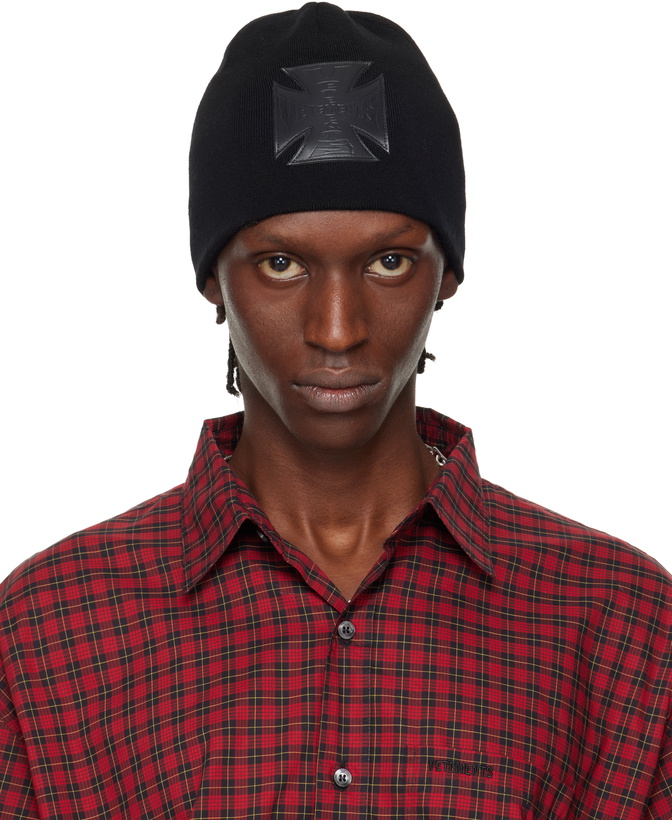 Photo: VETEMENTS Black Leather Biker Cross Logo Beanie