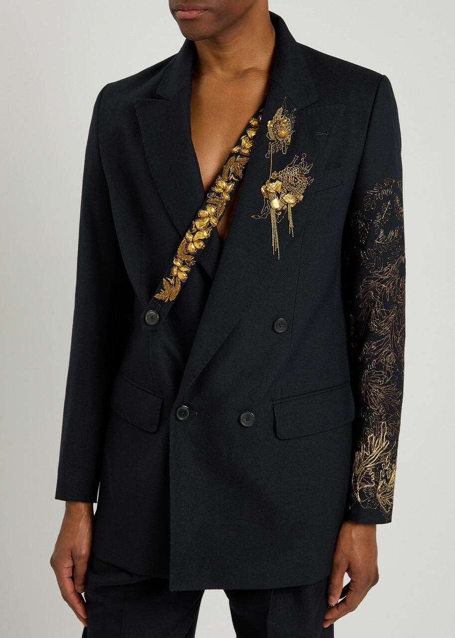 Dries Van Noten Barton Embellished Wool-blend Blazer Navy Dries