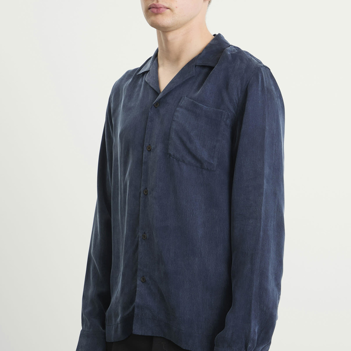 Dries Van Noten Men's Cupro Washed Long Sleeve Shirt in Navy Dries