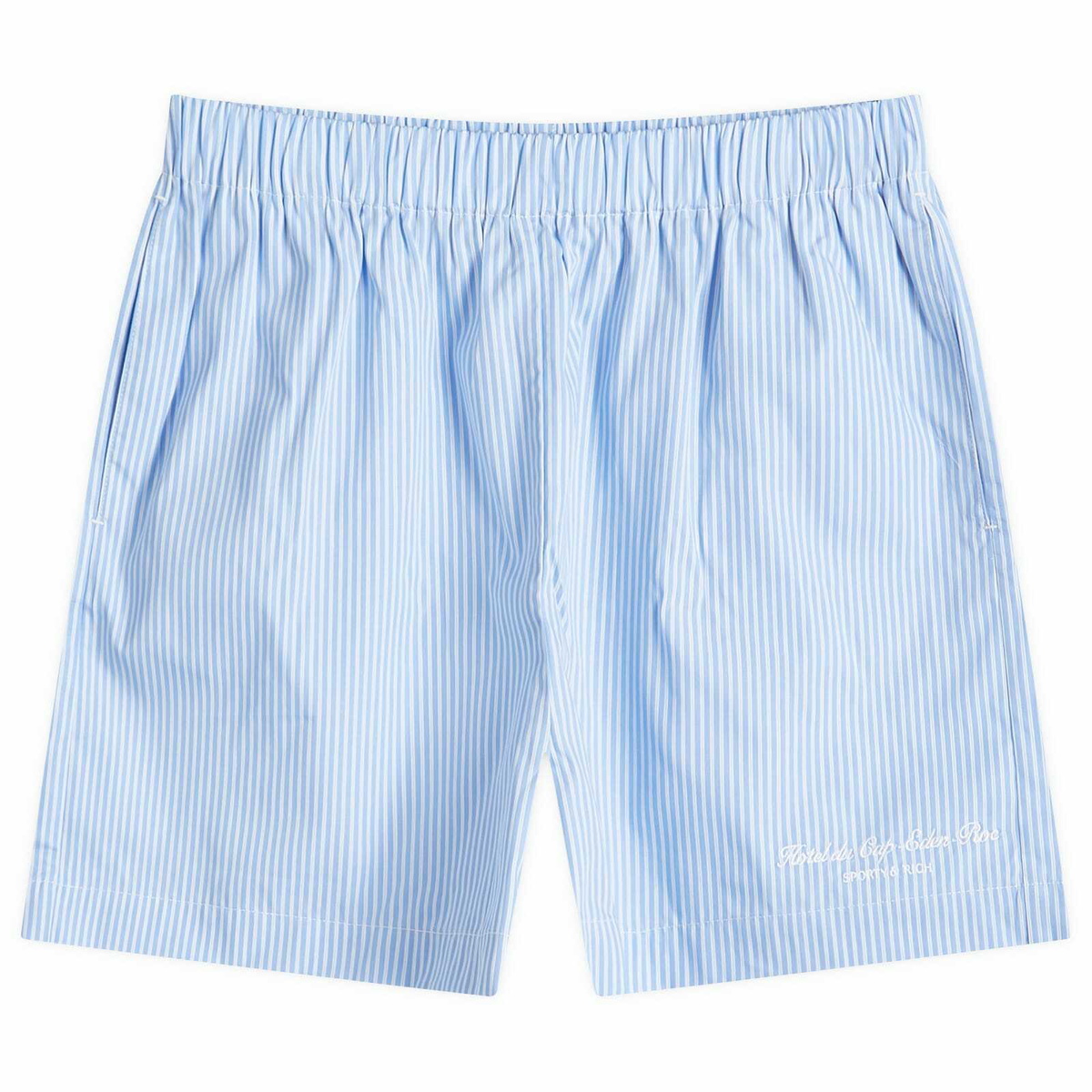 Sporty & Rich Hotel du Cap Cursive Poplin Short in Blue/White Thin Stripe White