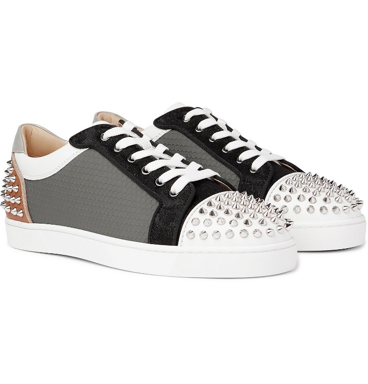 Photo: CHRISTIAN LOUBOUTIN - Sevaste Spiked Leather, Honeycomb Canvas and Mesh Sneakers - Multi