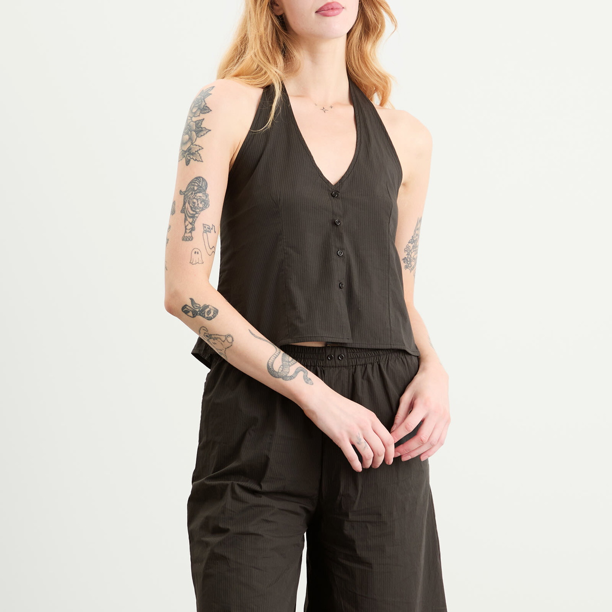 Deiji Studios Women's Waist Halter Top in Black Stripe