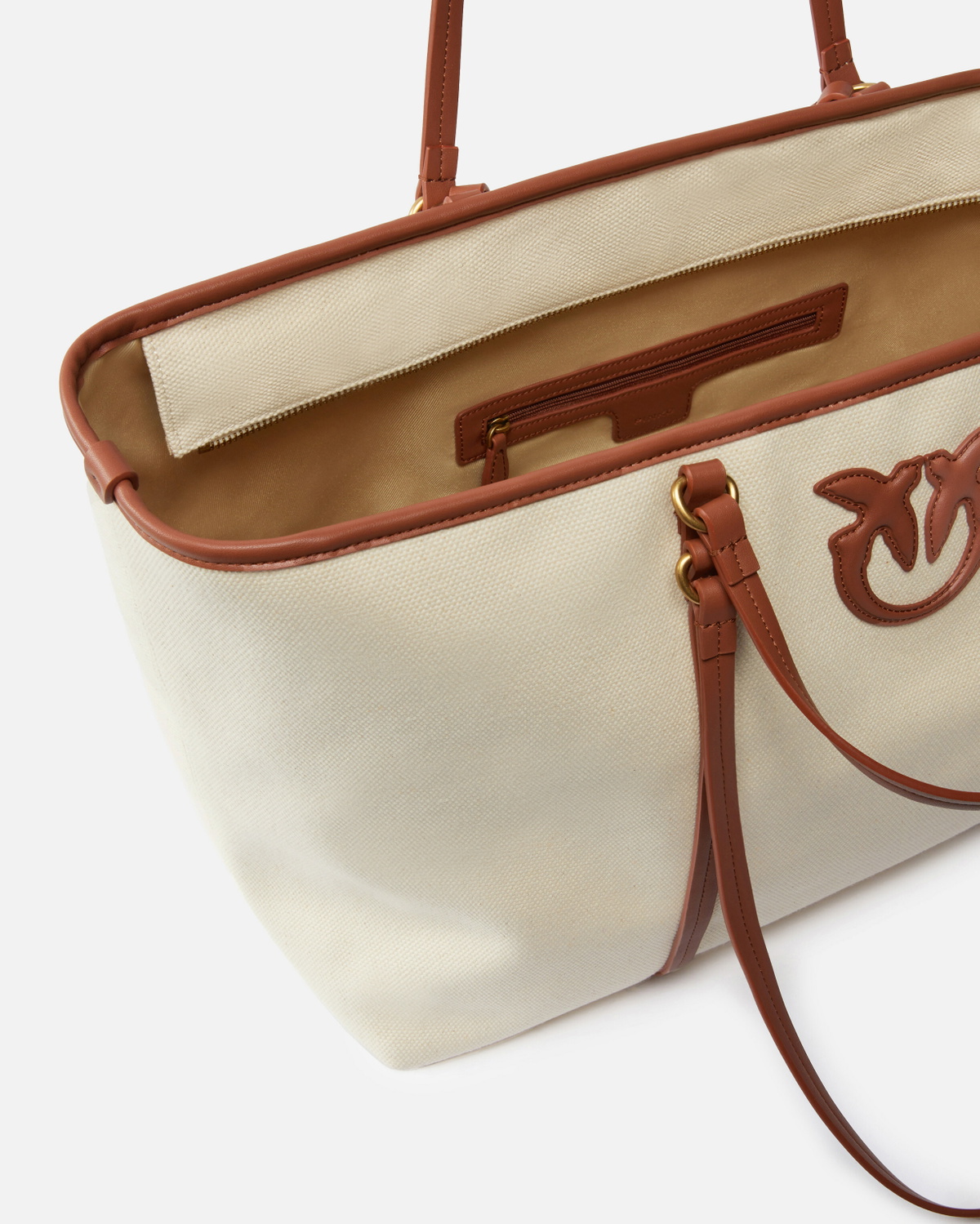 Pinko Maxi Shopper Bag In Recycled Canvas With Double Handles Mult. Beige/Leather Antique Gold