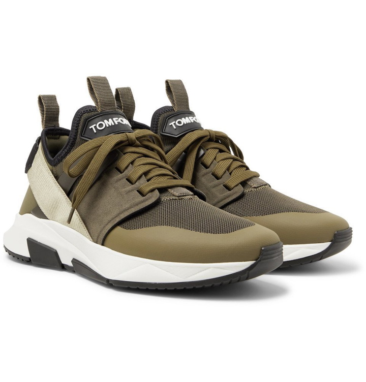 Photo: TOM FORD - Jago Neoprene, Suede and Mesh Sneakers - Army green