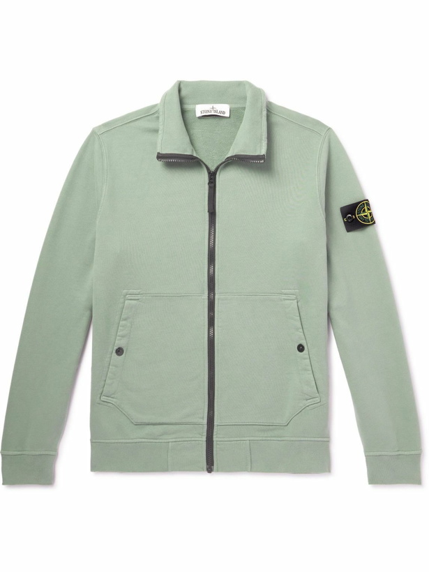 Photo: Stone Island - Logo-Appliquéd Cotton-Jersey Zip-Up Sweatshirt - Green