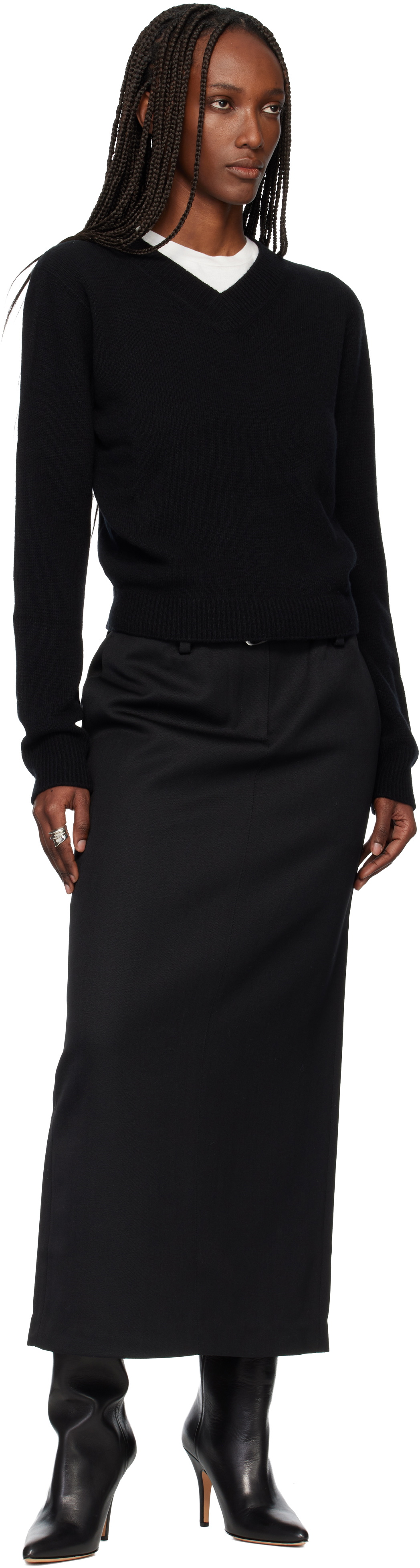 TONYWACK Black Cropped V-Neck Wool Sweater