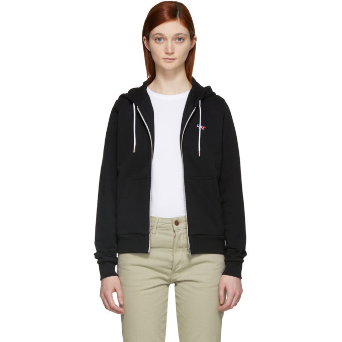 Photo: Maison Kitsune Black Tricolor Fox Patch Zip Hoodie