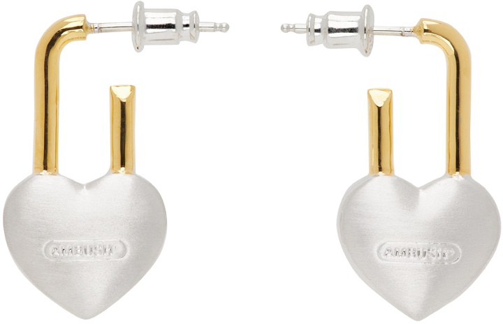 Photo: AMBUSH Silver & Gold Small Heart Padlock Earrings