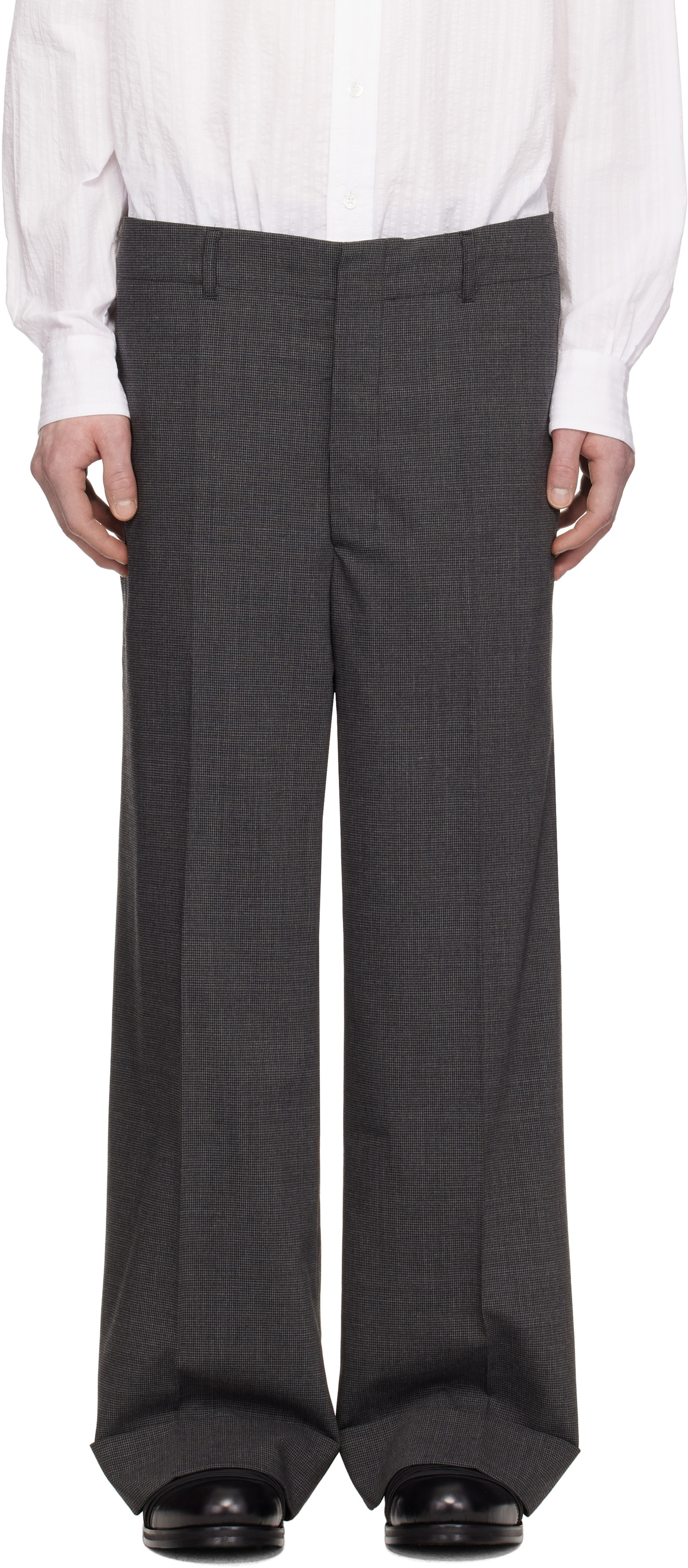 Random Identities Gray Houndstooth Wool Blend Large Suit Trousers