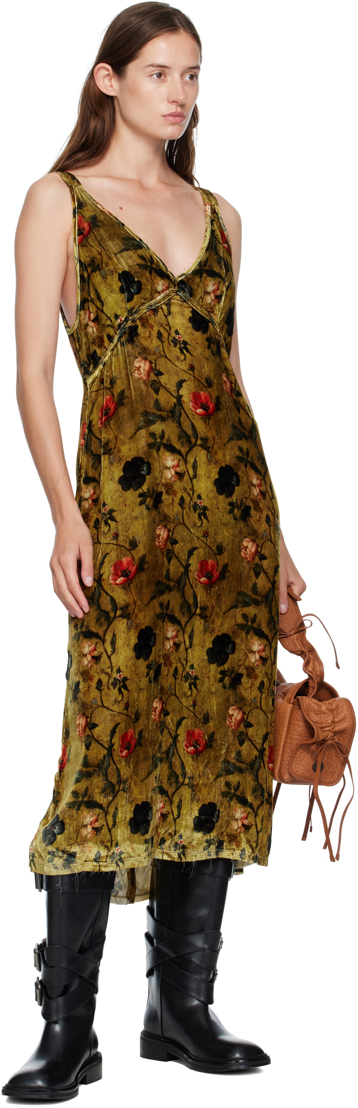 R13 Yellow Grunge Slip Midi Dress