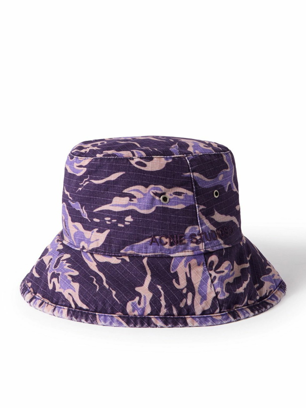 Photo: Acne Studios - Brimmo Logo-Embroidered Camouflage-Print Cotton-Ripstop Bucket Hat - Purple