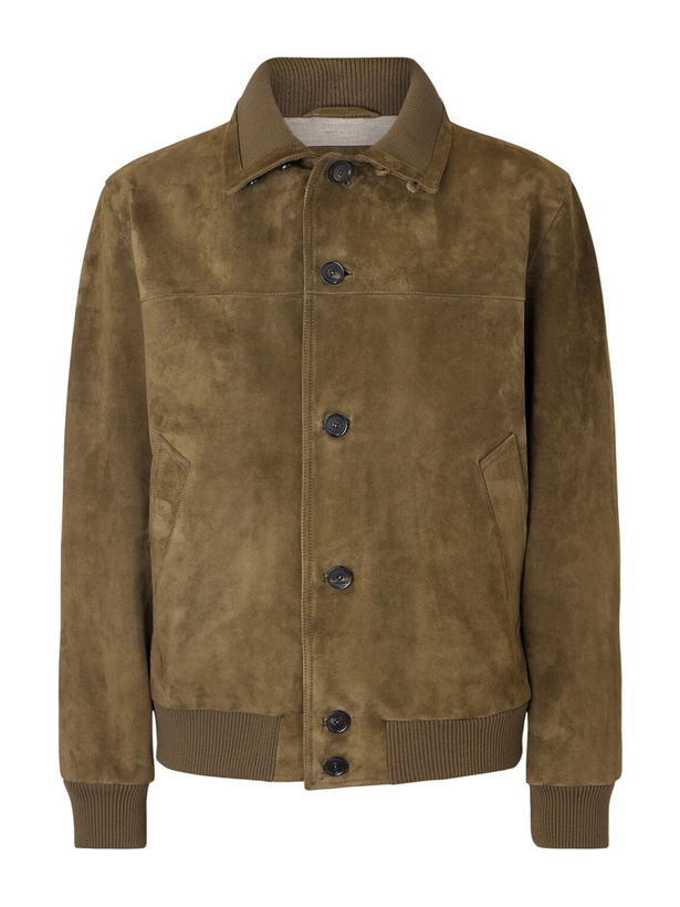 Photo: Loro Piana - Ribbed Knit-Trimmed Suede Bomber Jacket - Brown