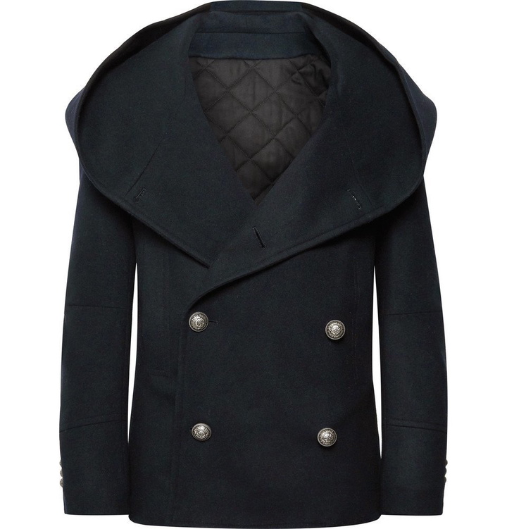 Photo: Balmain - Slim-Fit Wool-Blend Hooded Peacoat - Navy