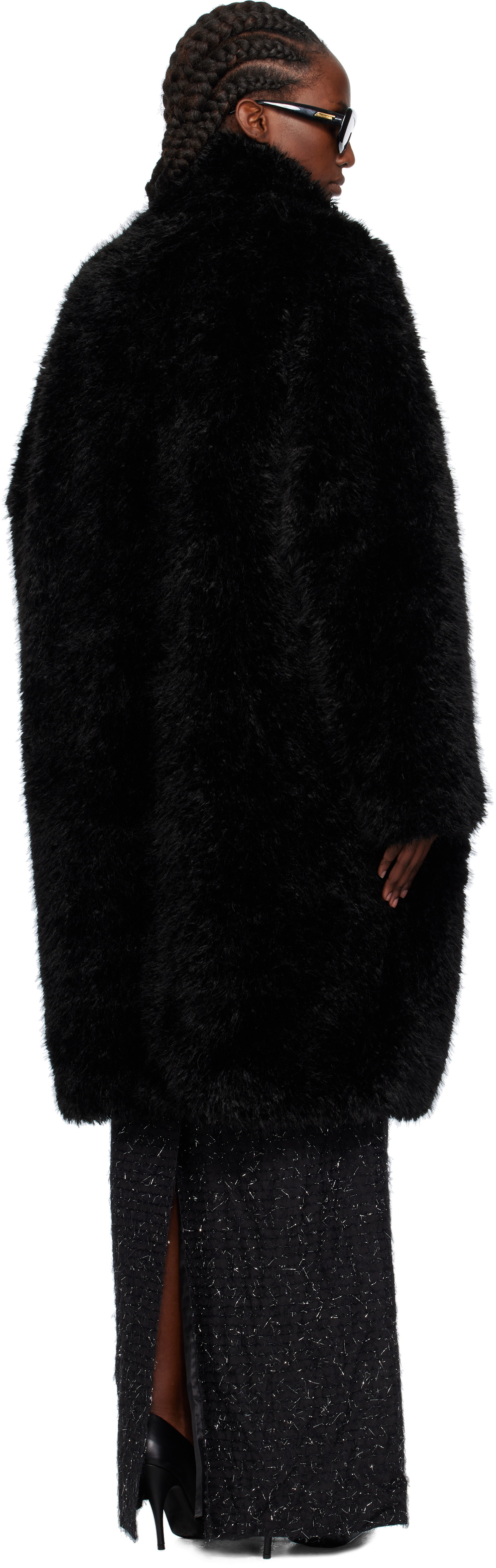 Pushbutton Black Notched Lapel Faux-Fur Coat