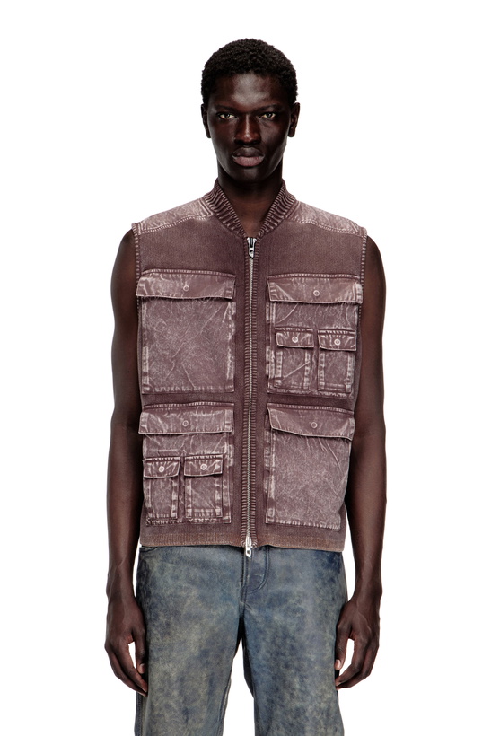 Photo: Diesel Zip-up knitted vest with cargo pockets - Knitwear Mens in Brown