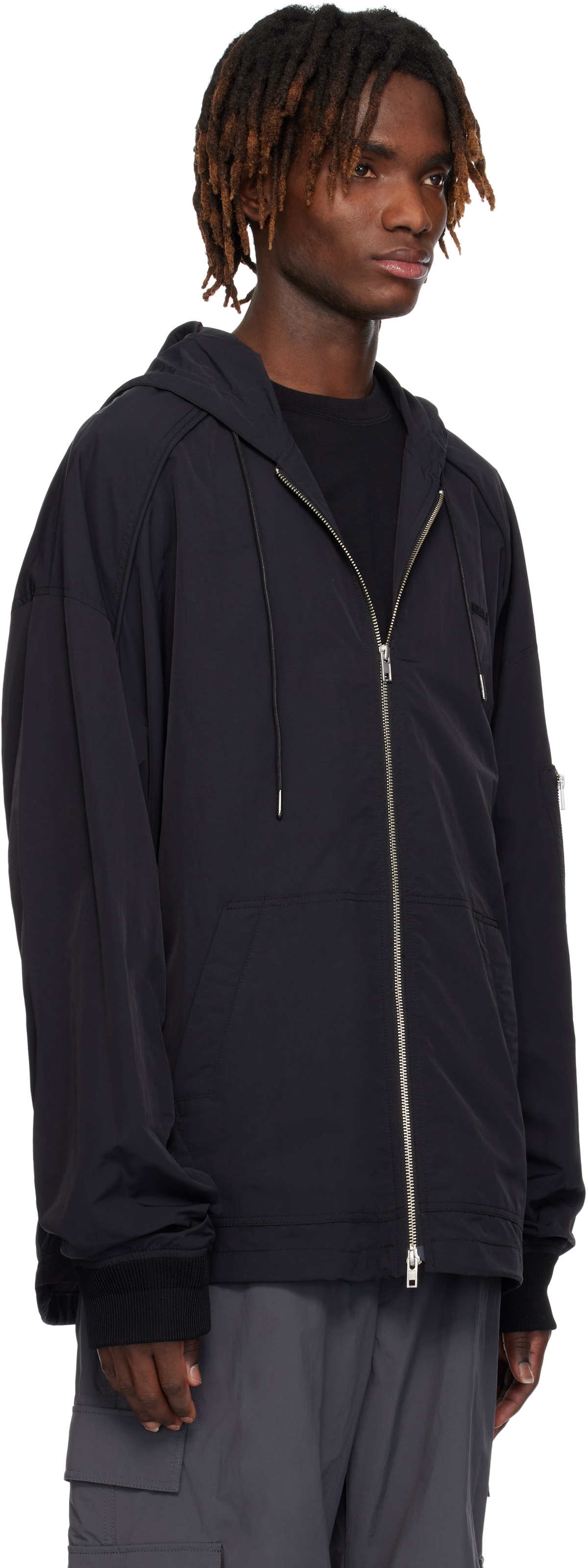Juun.J Black Nylon Puckering Zip-Up Hoodie