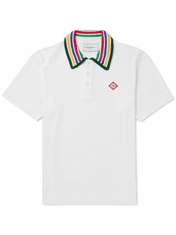 Photo: Casablanca - Logo-Appliquéd Striped Organic Cotton-Piqué Polo Shirt - White